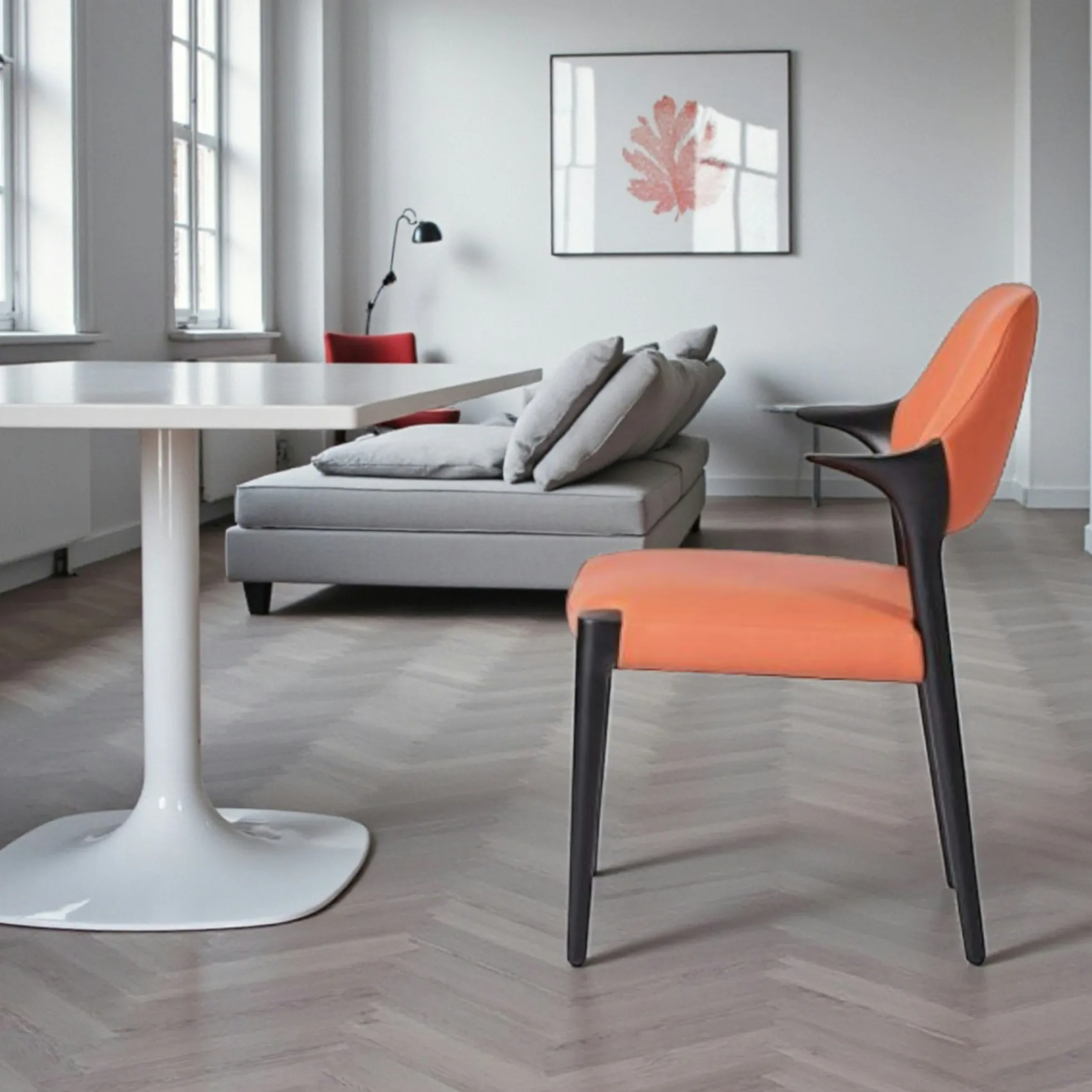 Chaise en cuir rouille design, accoudoirs bois noir ALDER
