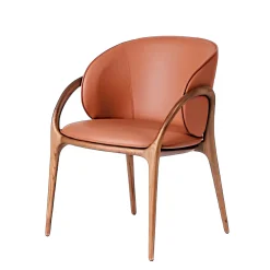 Chaise en cuir terracotta dos rond accoudoirs bois brun ALDER