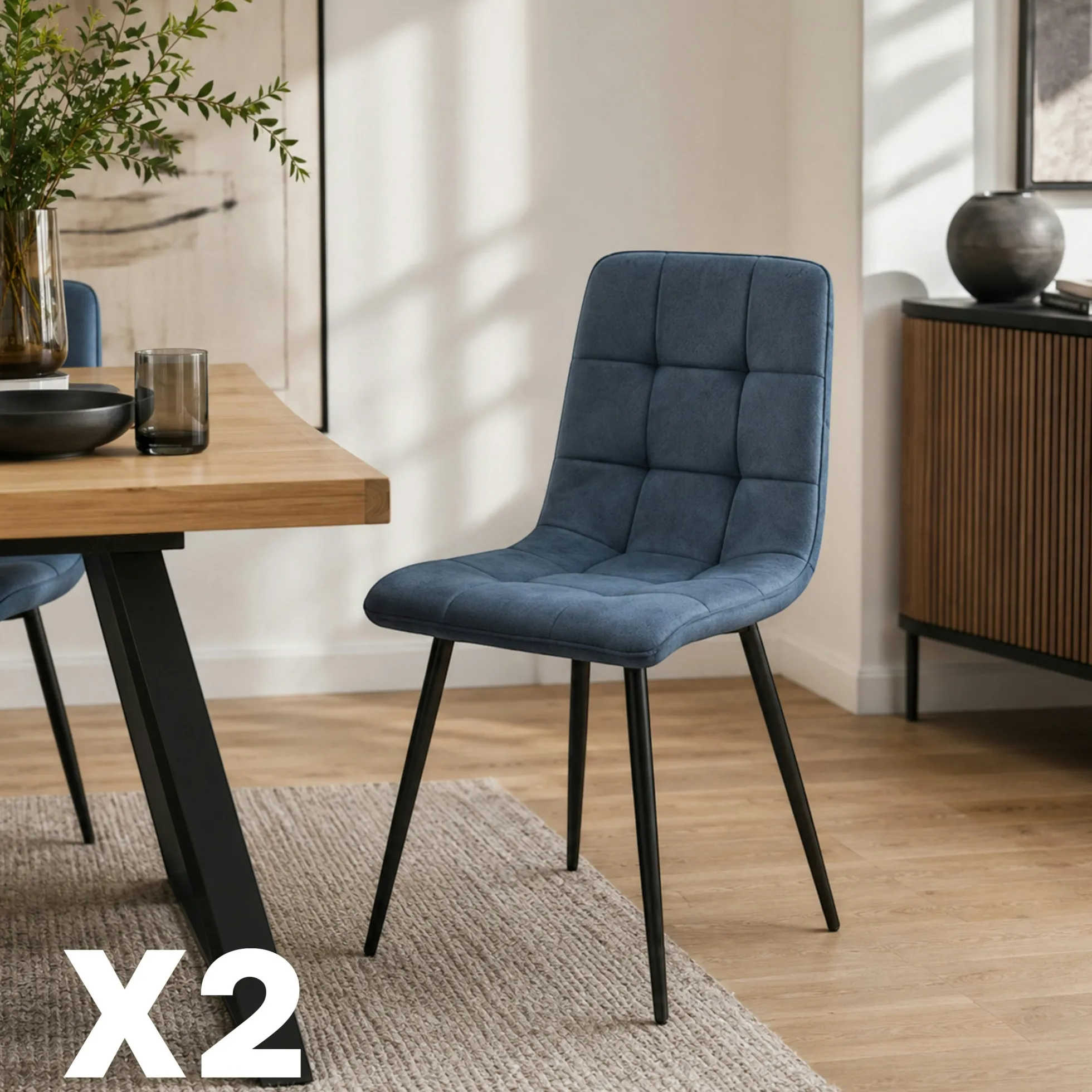 Chaise en tissu bleu motif damier (lot de 2) LORA