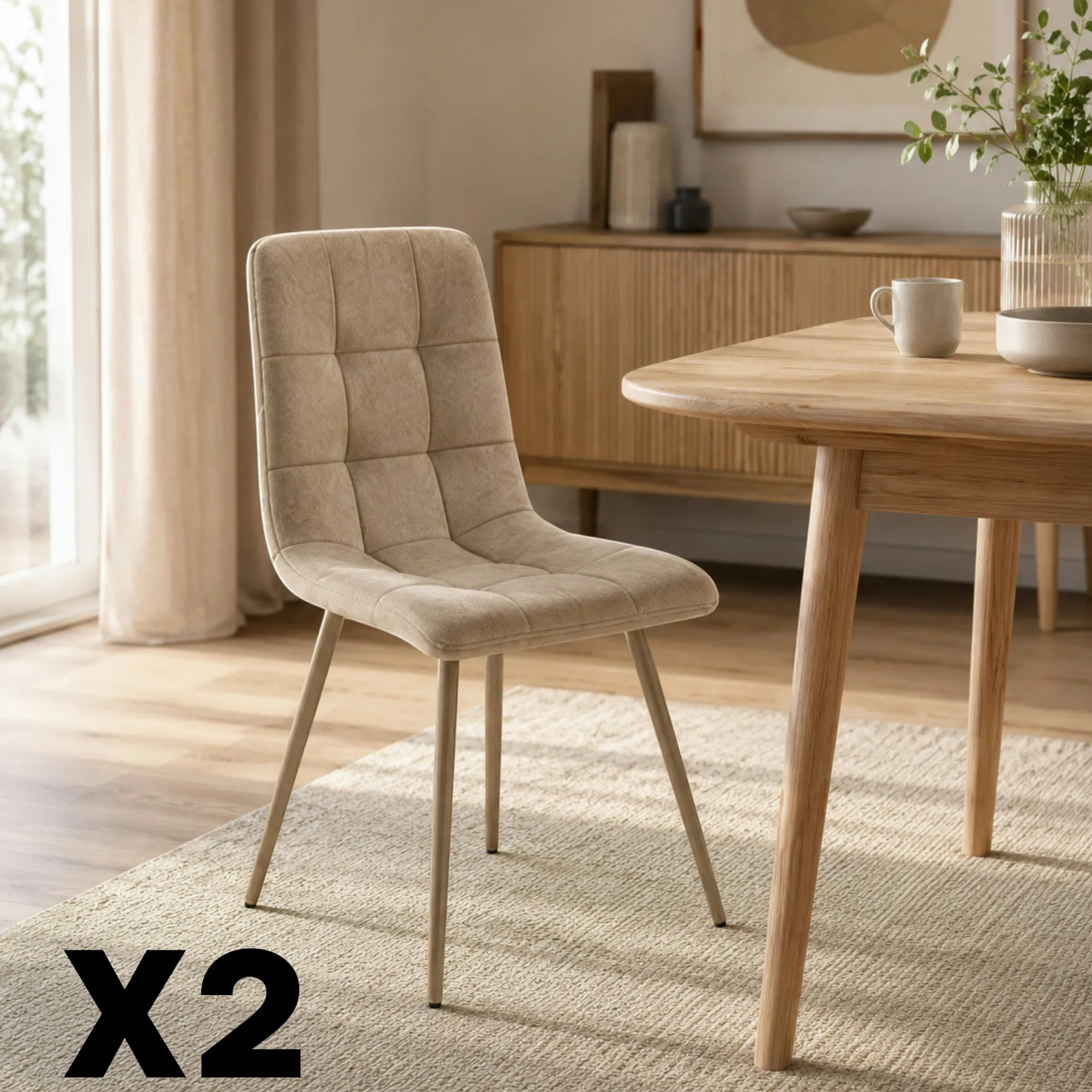 Chaise en tissu taupe motif damier (lot de 2) LORA
