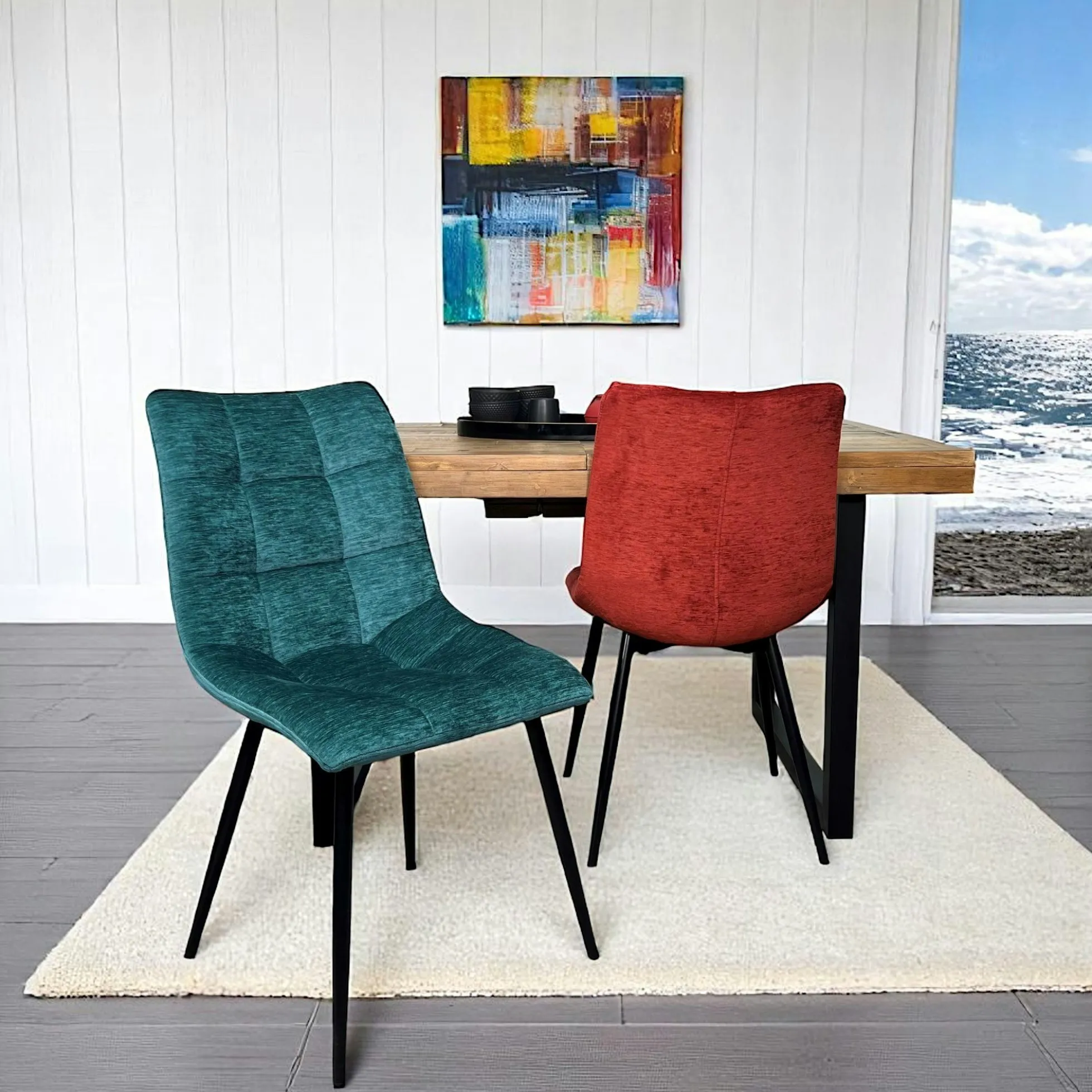Chaise en velours lagon motif damier (lot de 2) PALERME