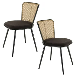 Chaise moderne dossier rotin assise velours noir (lot de 2) LOANO