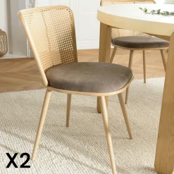 Chaise moderne dossier rotin assise velours taupe (lot de 2) LOANO