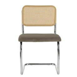 Chaise métal chromé assise velours taupe dossier rotin (lot de 2) LOANO