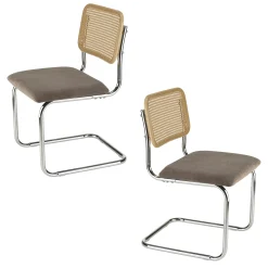 Chaise métal chromé assise velours taupe dossier rotin (lot de 2) LOANO