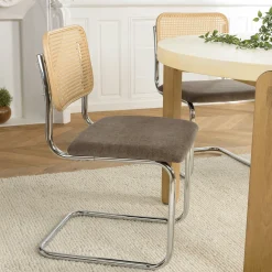 Chaise métal chromé assise velours taupe dossier rotin (lot de 2) LOANO