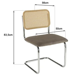 Chaise métal chromé assise velours taupe dossier rotin (lot de 2) LOANO