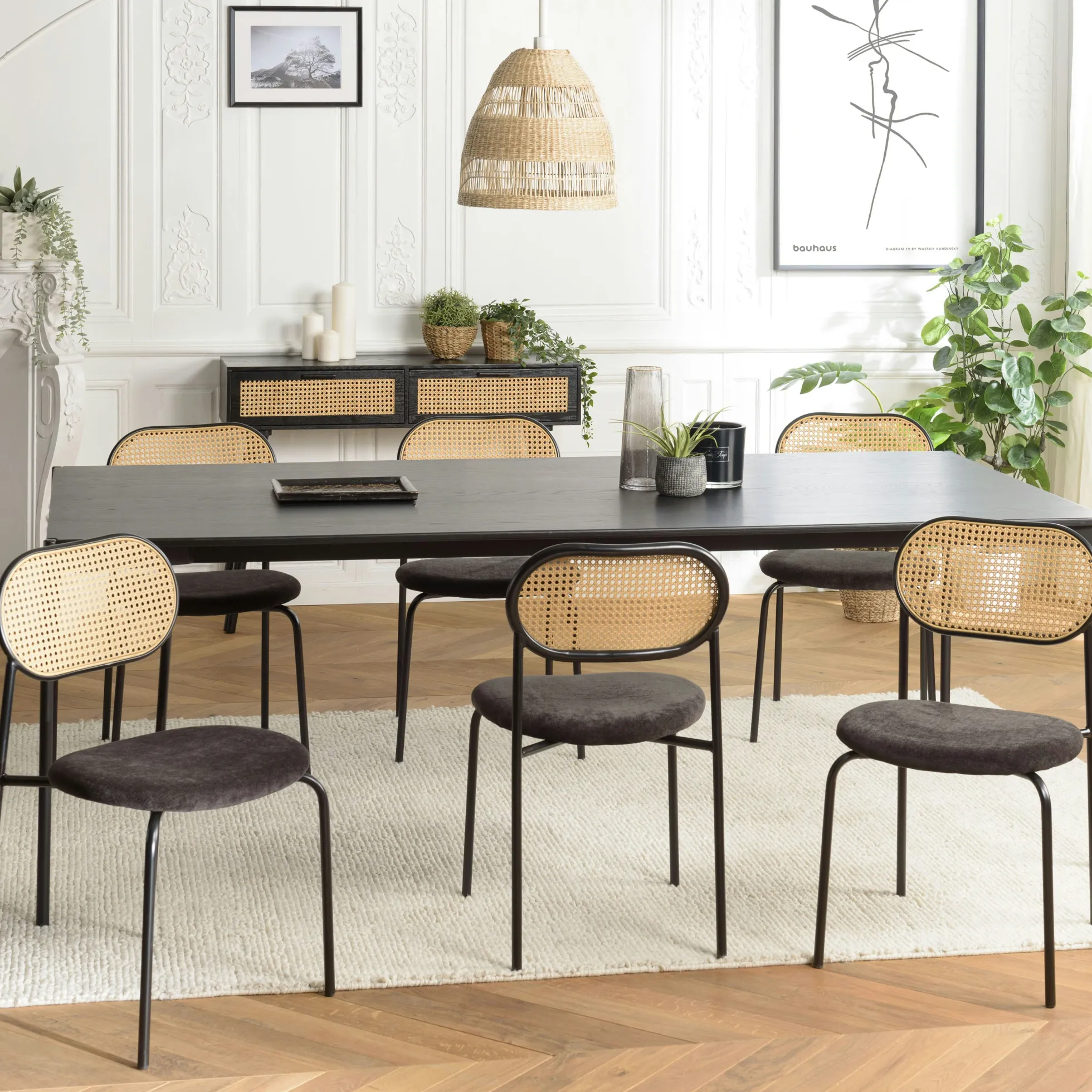 Chaise métal dossier cannage ovale assise velours noir (lot de 2) LOANO