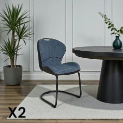 Chaise pied luge bi-matière en tissu bleu (lot de 2) LIGURIE