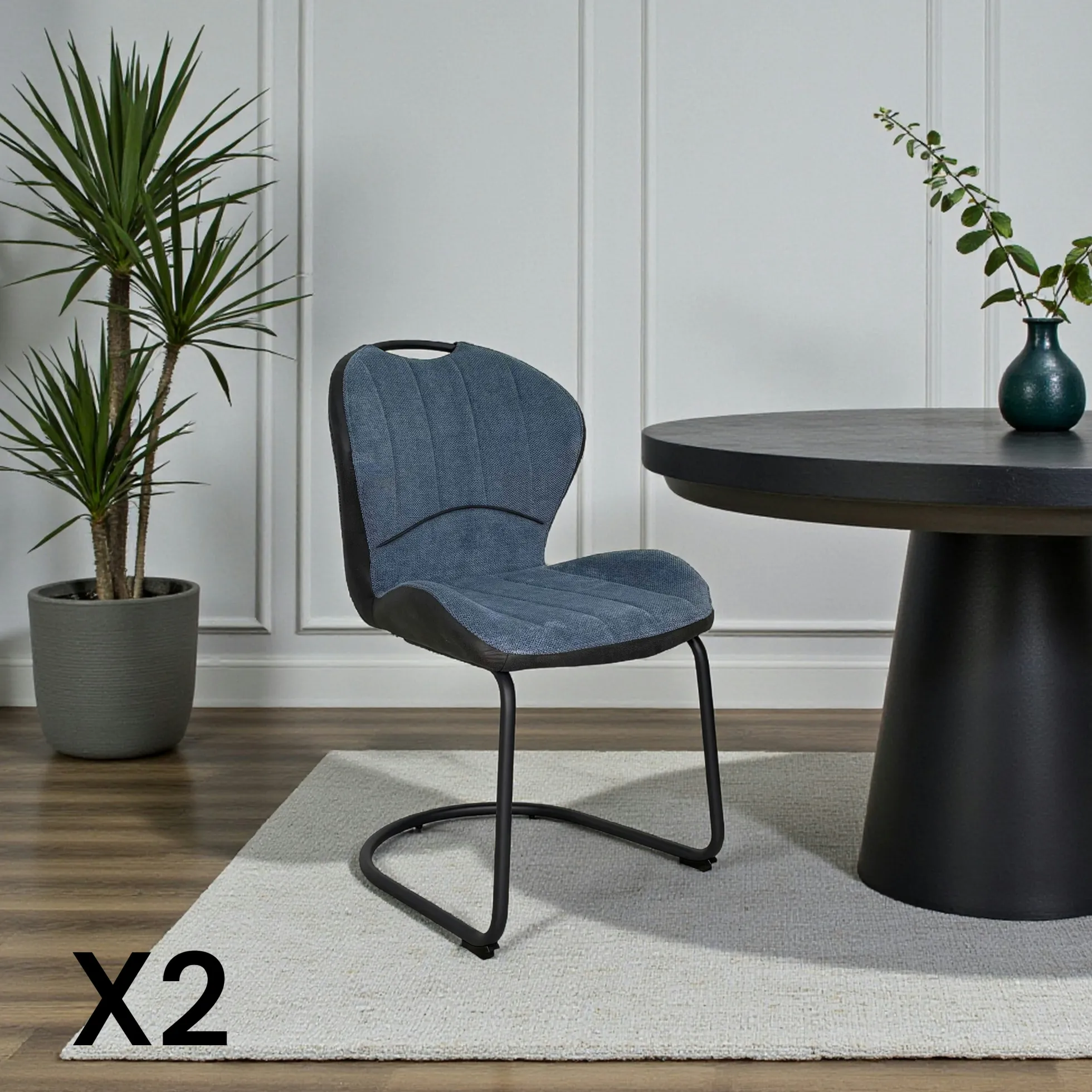 Chaise pied luge bi-matière en tissu bleu (lot de 2) LIGURIE