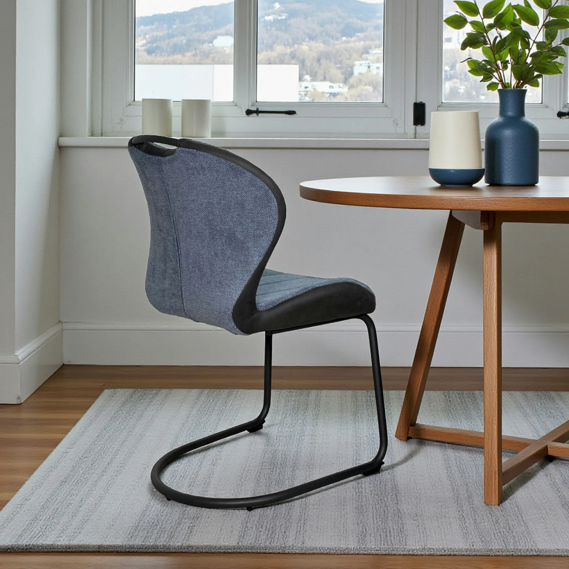 Chaise pied luge bi-matière en tissu bleu (lot de 2) LIGURIE