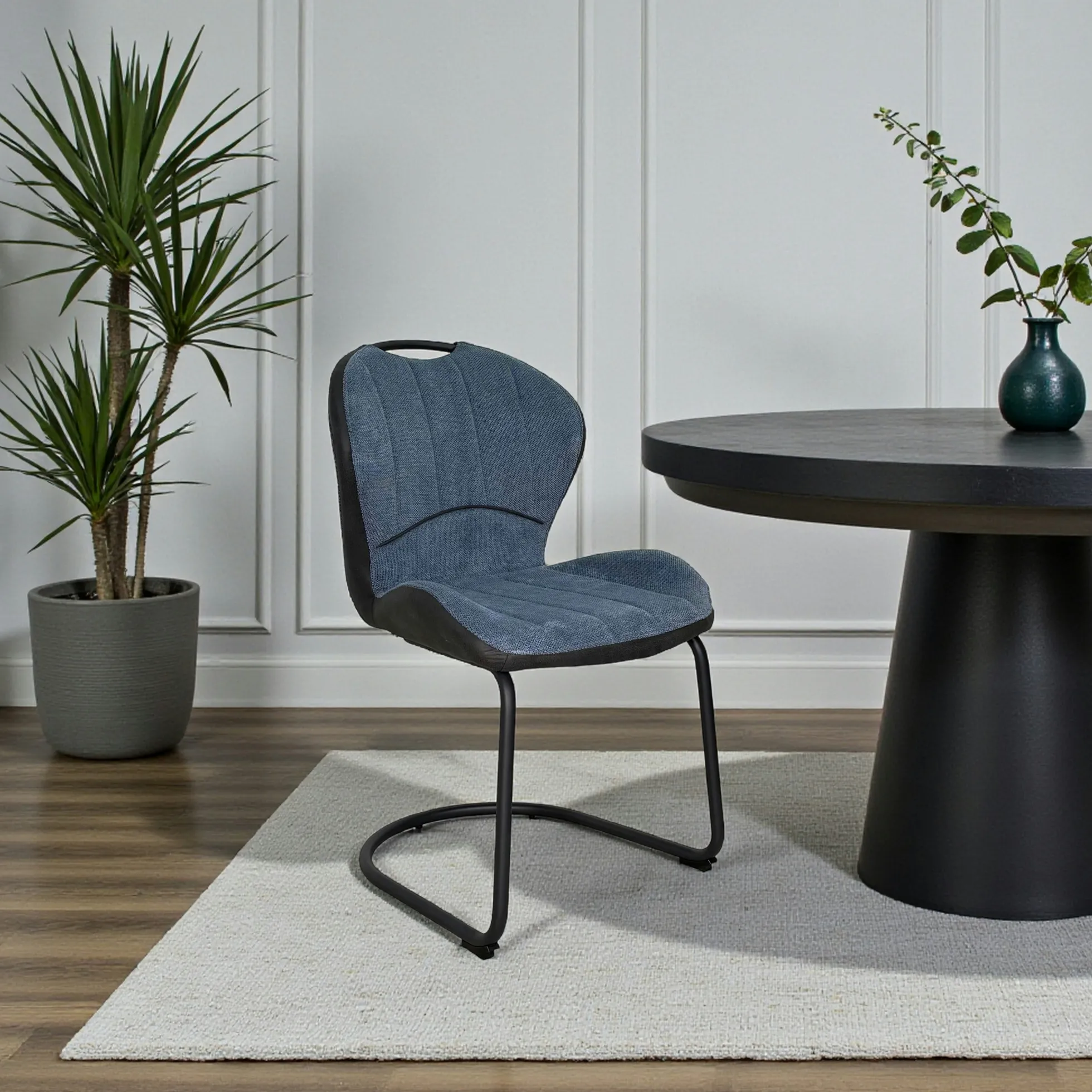 Chaise pied luge bi-matière en tissu bleu (lot de 2) LIGURIE