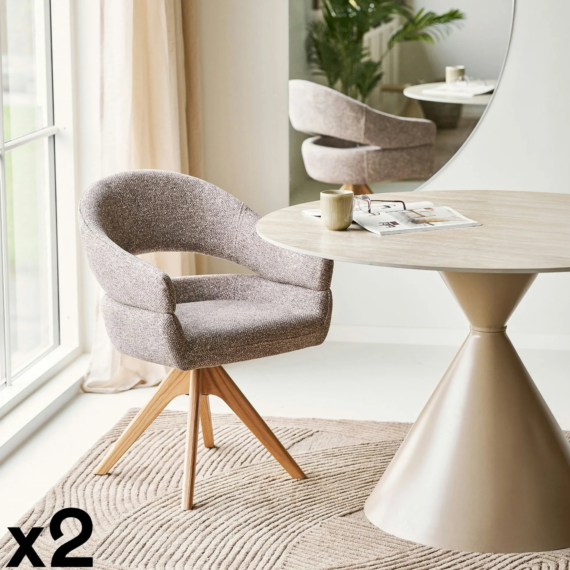 Chaise pivotante brune design avec pied chêne (lot de 2) MONTREUX