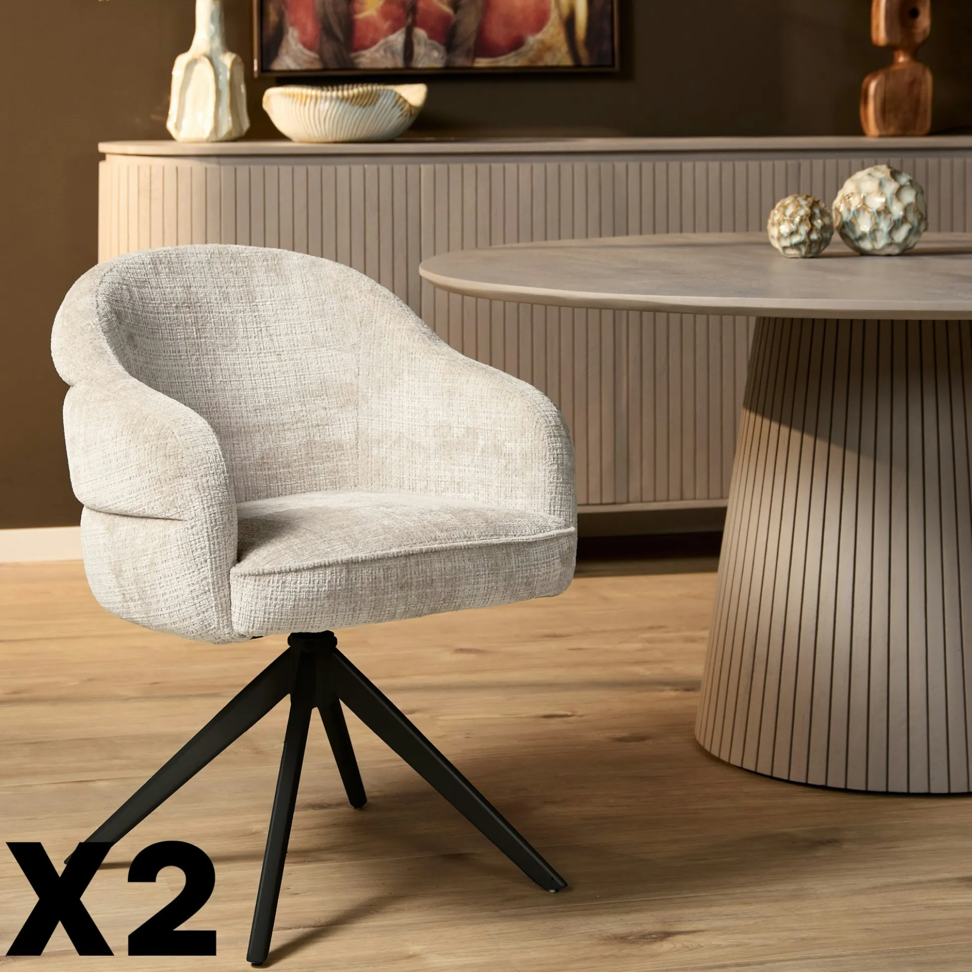 Chaise pivotante tissu blanc chenille pied noir (x2) CORTINA
