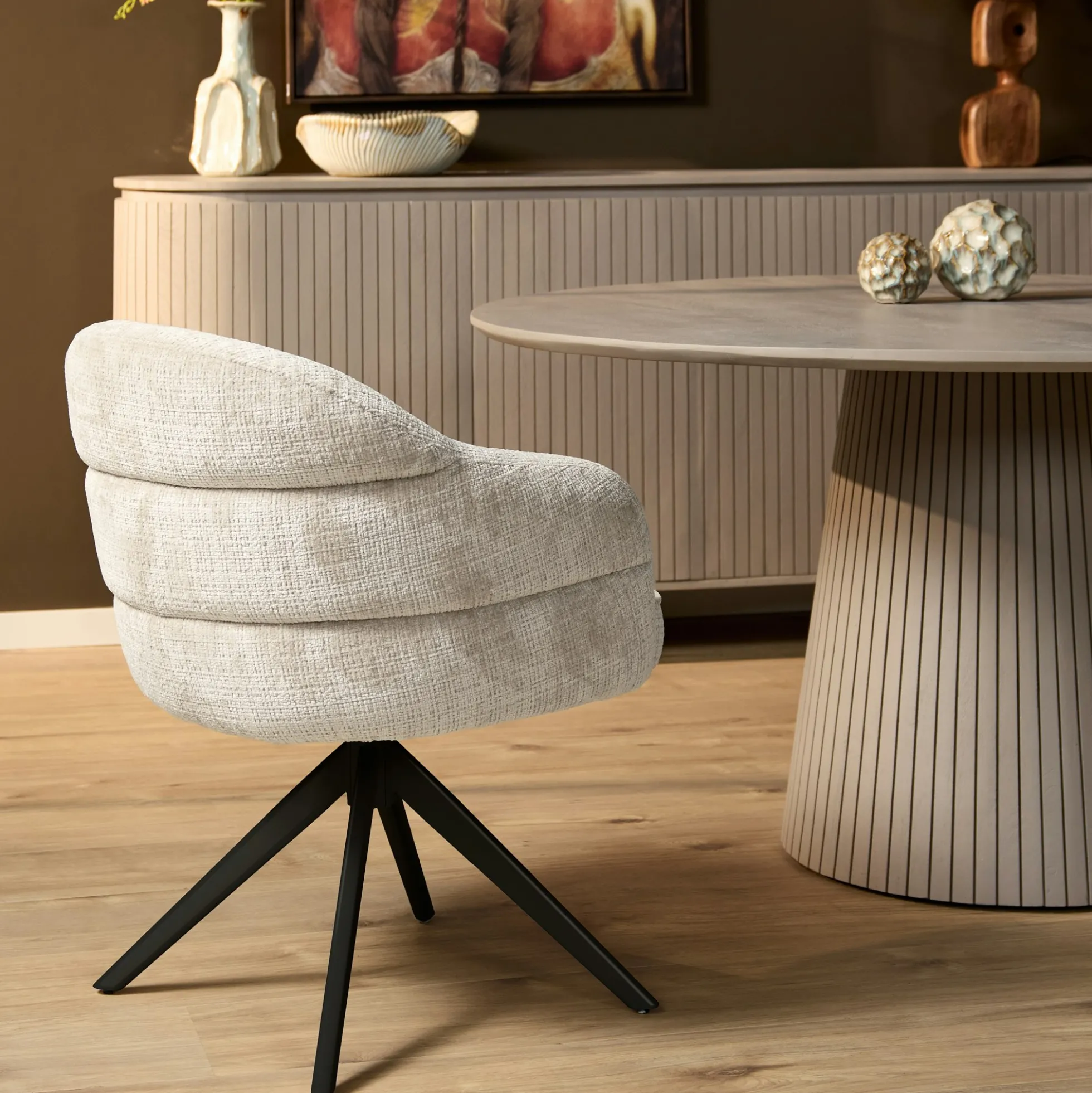 Chaise pivotante tissu blanc chenille pied noir (x2) CORTINA