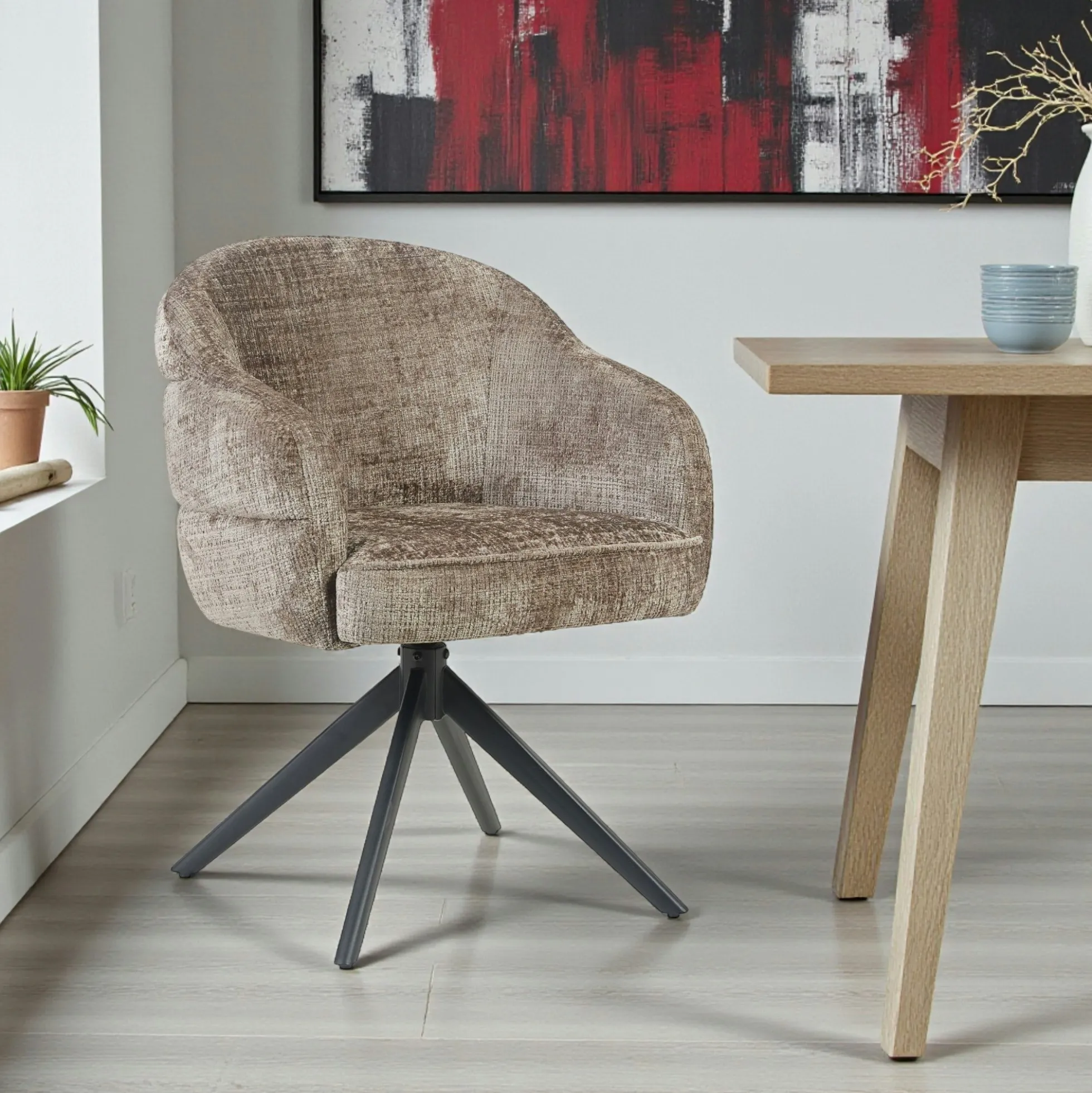 Chaise pivotante tissu marron chenille pied noir (x2) CORTINA