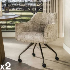 Chaise à roulettes sable tissu bouclette pied bronze (lot de 2) MELBOURNE