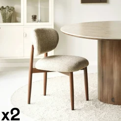 Chaise rétro en bois et tissu brun clair (lot de 2) BEGO