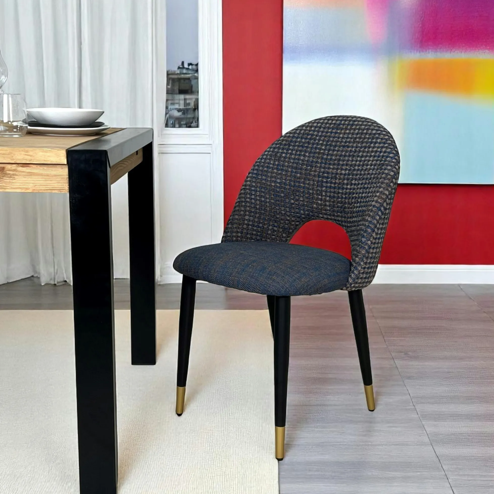 Chaise salle à manger tissu quadrillé bleu foncé (lot de 2) MALMOE