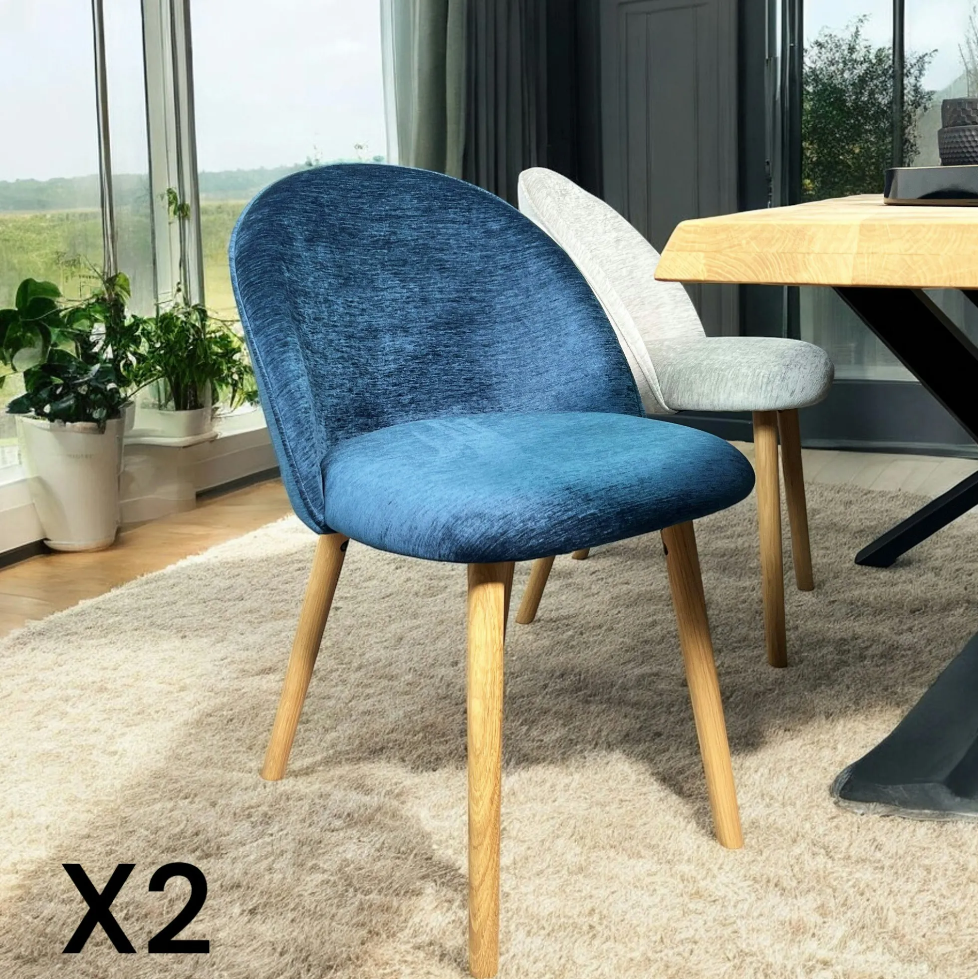 Chaise scandinave en bois et velours bleu (lot de 2) ETNA