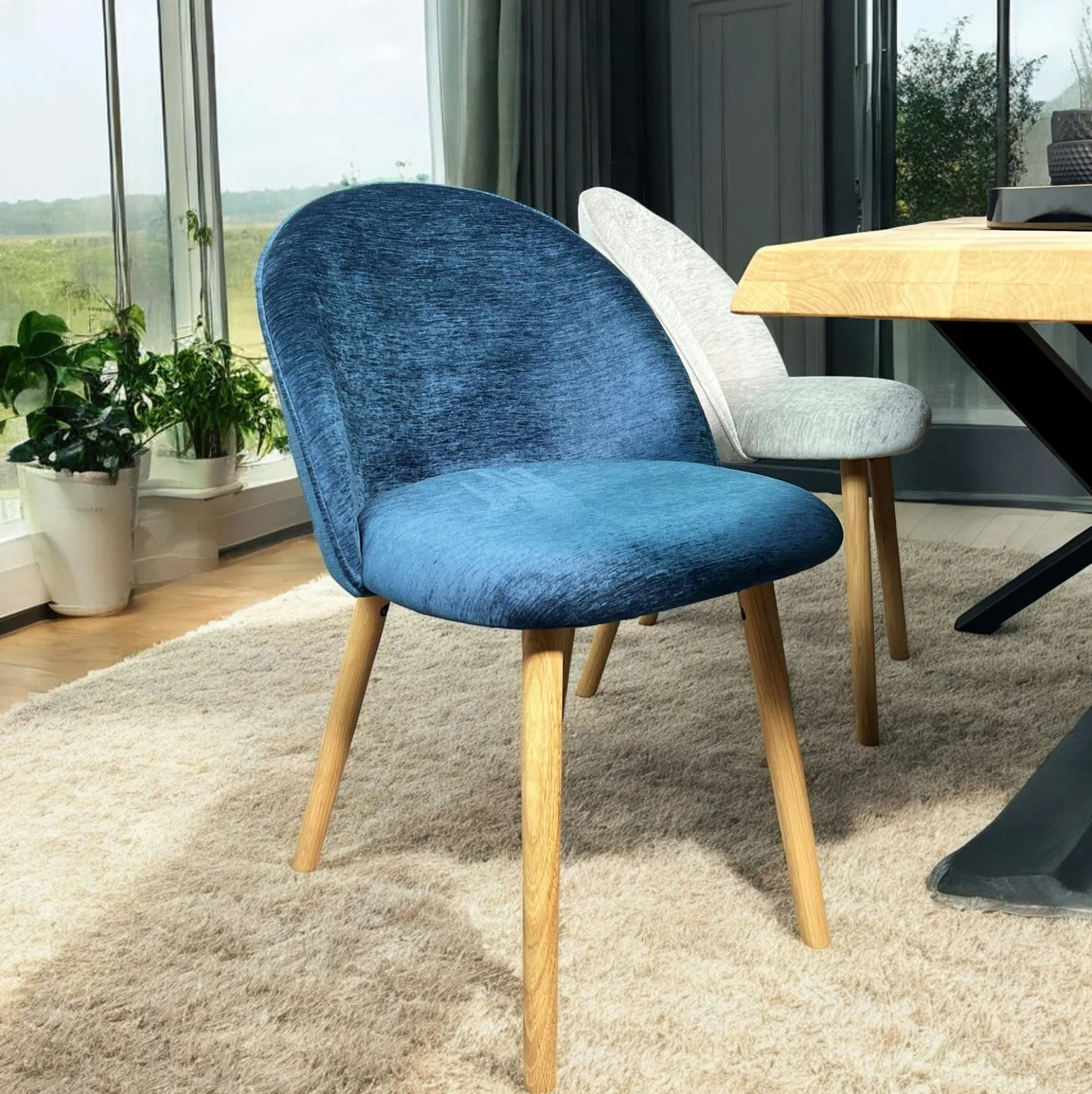 Chaise scandinave en bois et velours bleu (lot de 2) ETNA