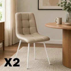 Chaise taupe motif damier pieds blancs (x2) LORA
