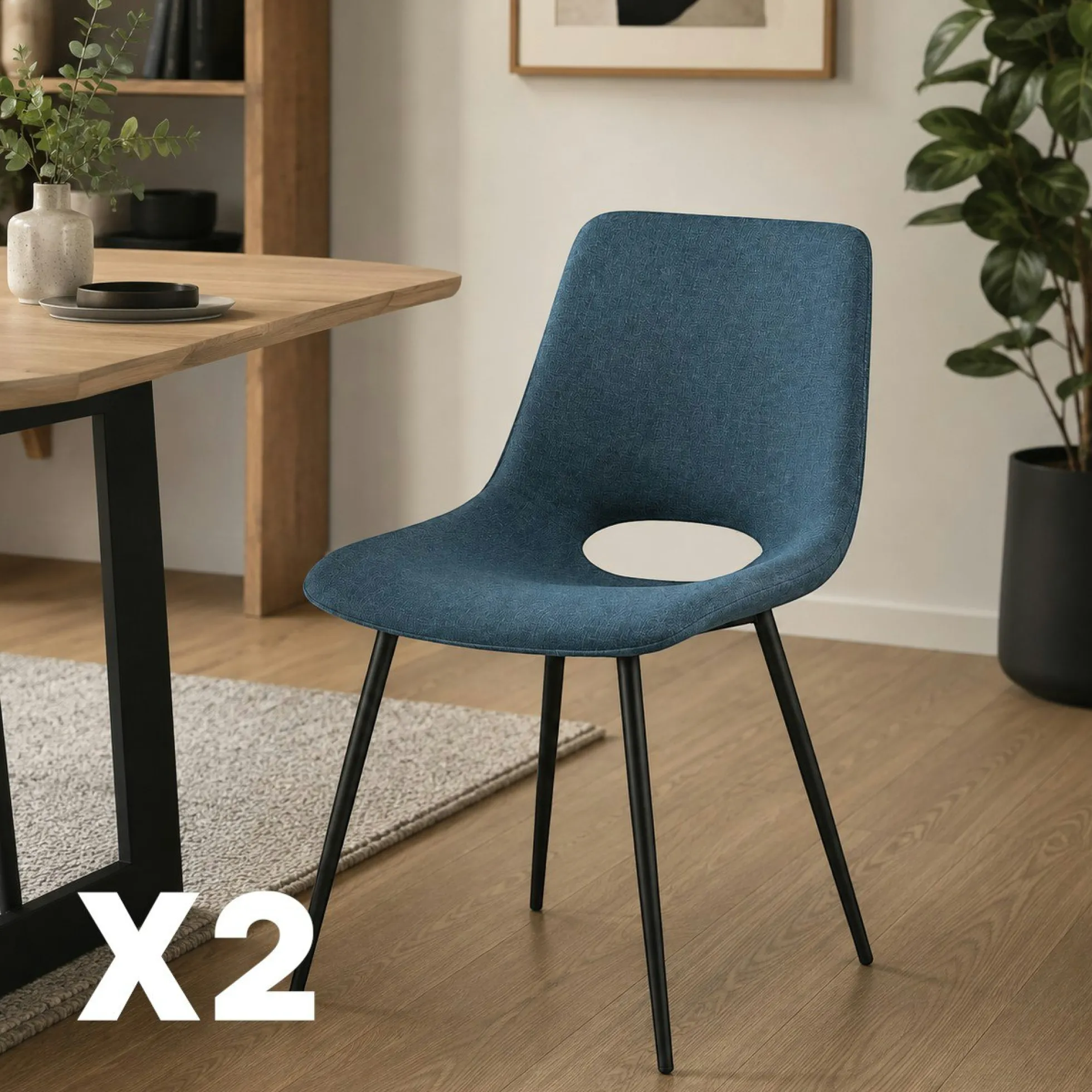 Chaise tissu bleu à dossier ouvert (lot de 2) LORA