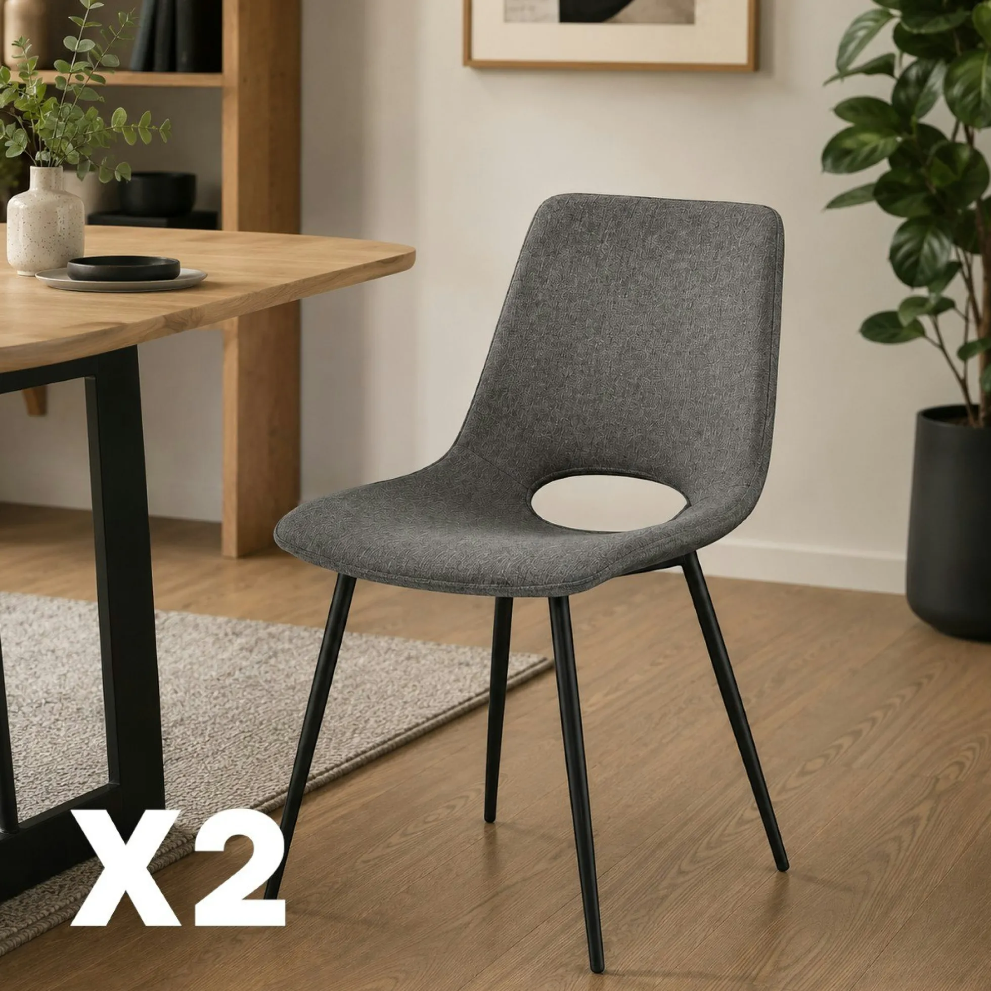 Chaise tissu gris foncé à dossier ouvert (lot de 2) LORA