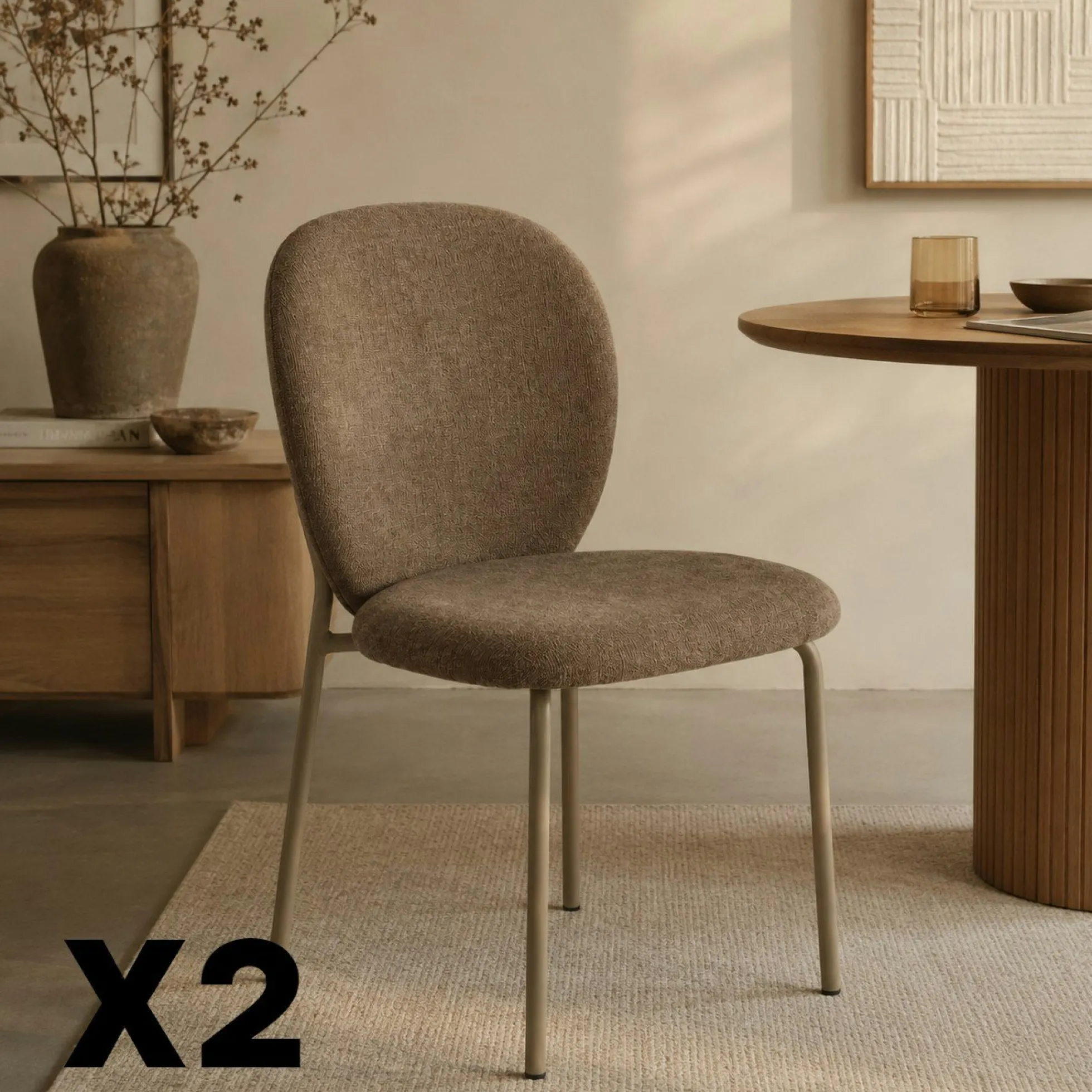 Chaise tissu marron design arrondi (lot de 2) LORA