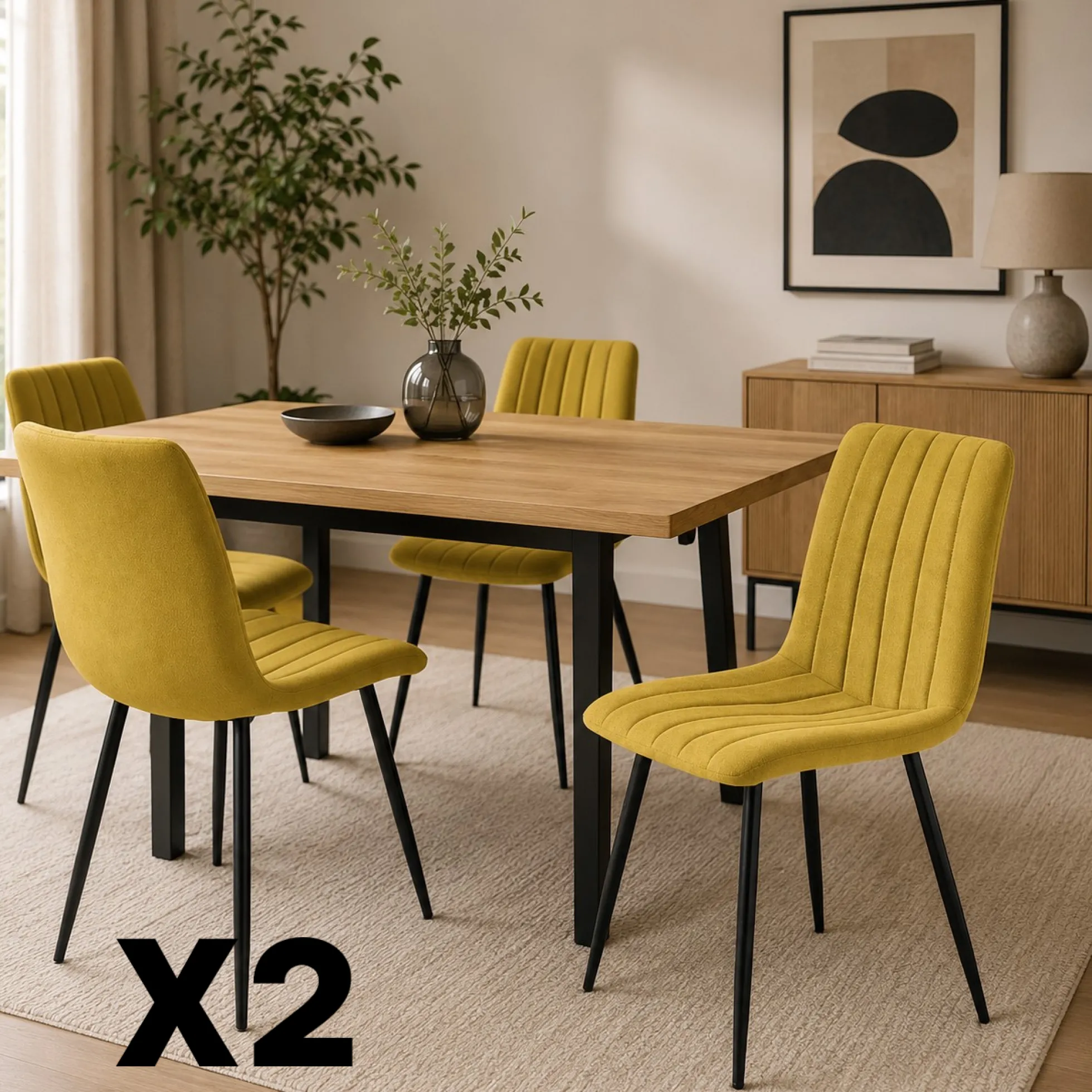 Chaise tissu moutarde à coutures verticales (lot de 2) LORA