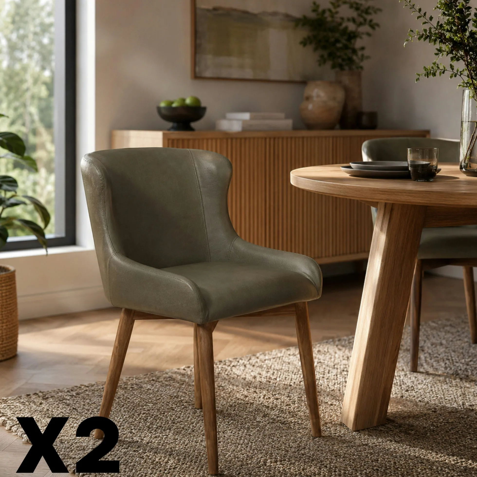 Chaise verte vintage à dossier enveloppant (x2) LARIO
