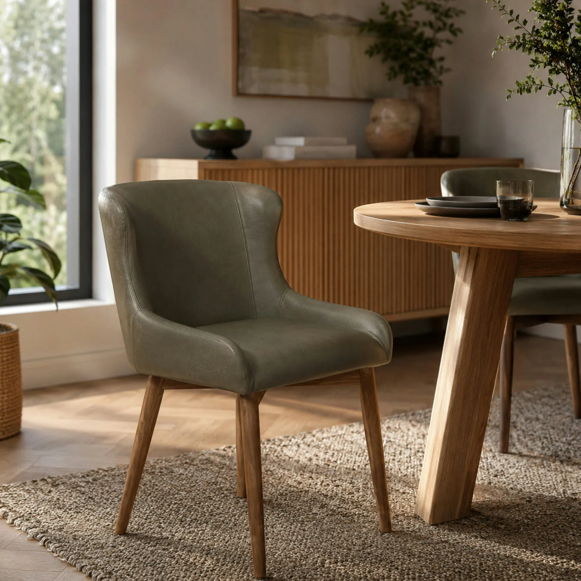 Chaise verte vintage à dossier enveloppant (x2) LARIO