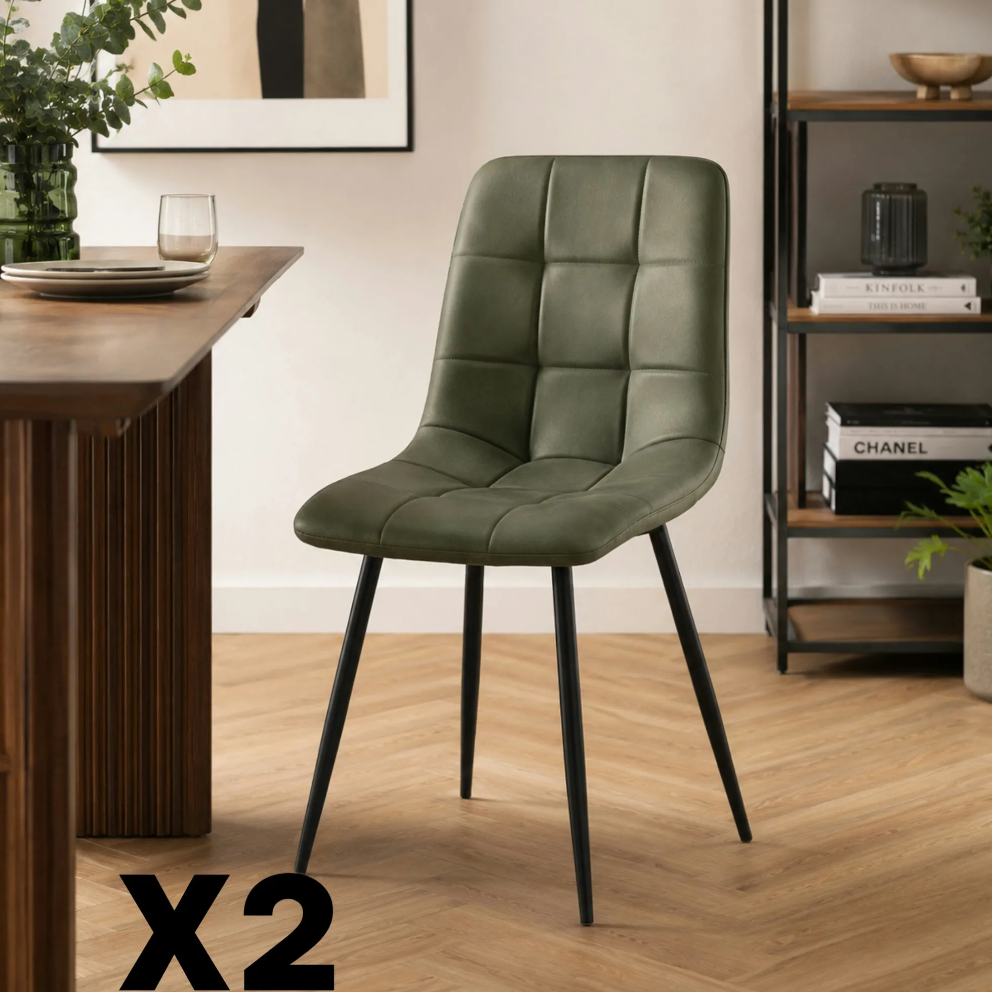 Chaise vert olive motif damier (lot de 2) LORA