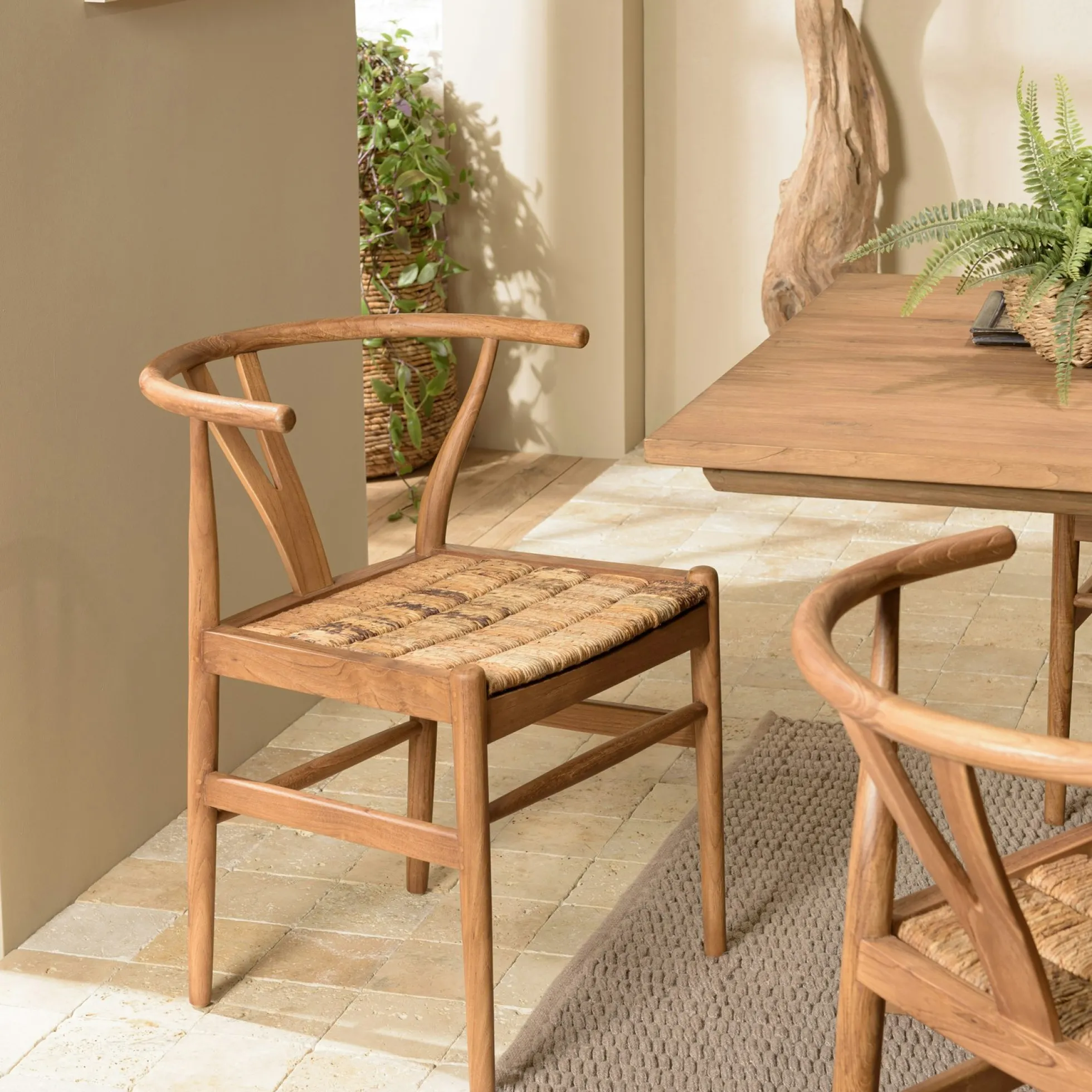 Chaise vintage bois recyclé et cannage chanvre tressé SWING