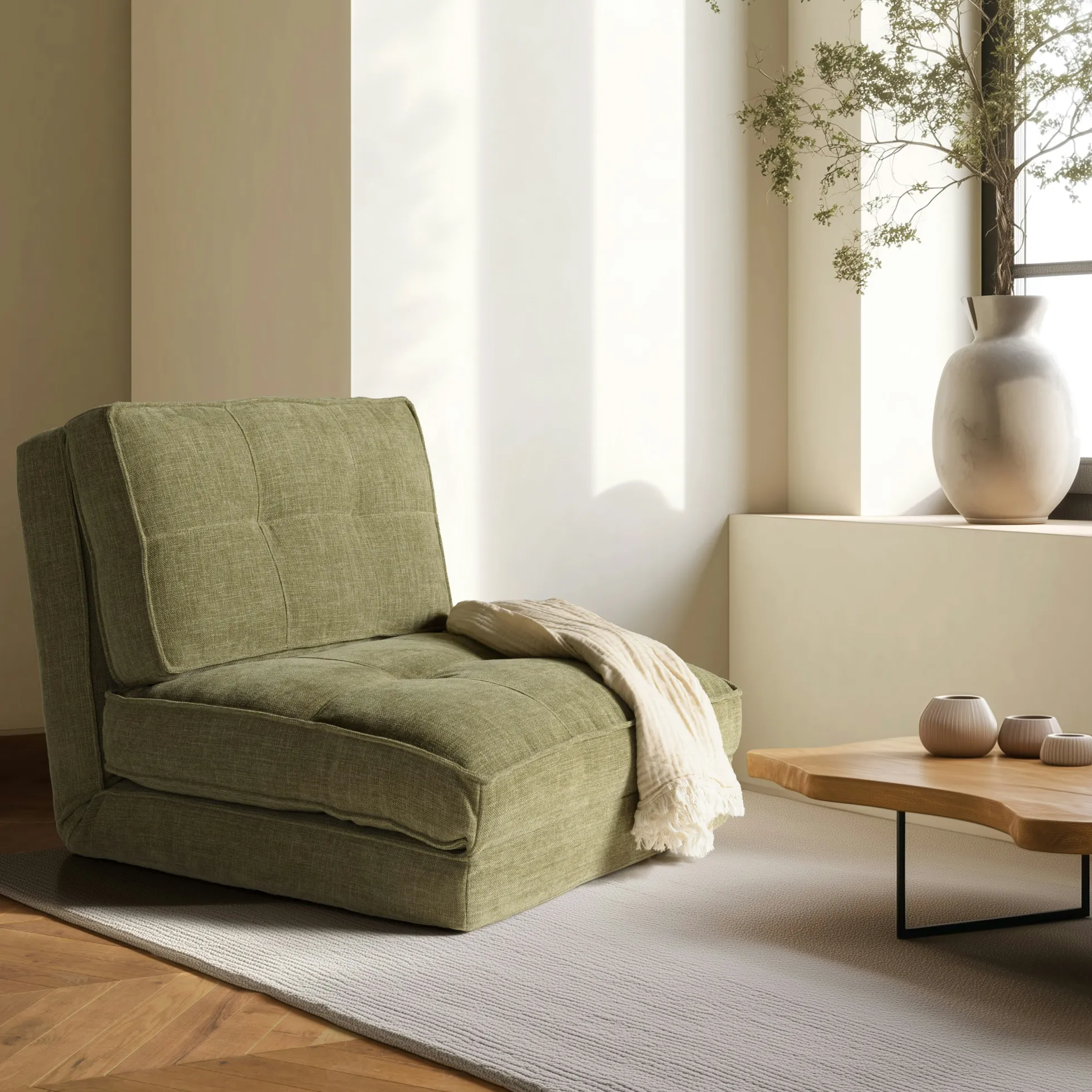 Chauffeuse convertible 1 place en tissu couleur vert ASTORI