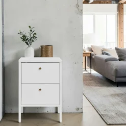 Chevet 2 tiroirs métal blanc poignées dorées ODENSE