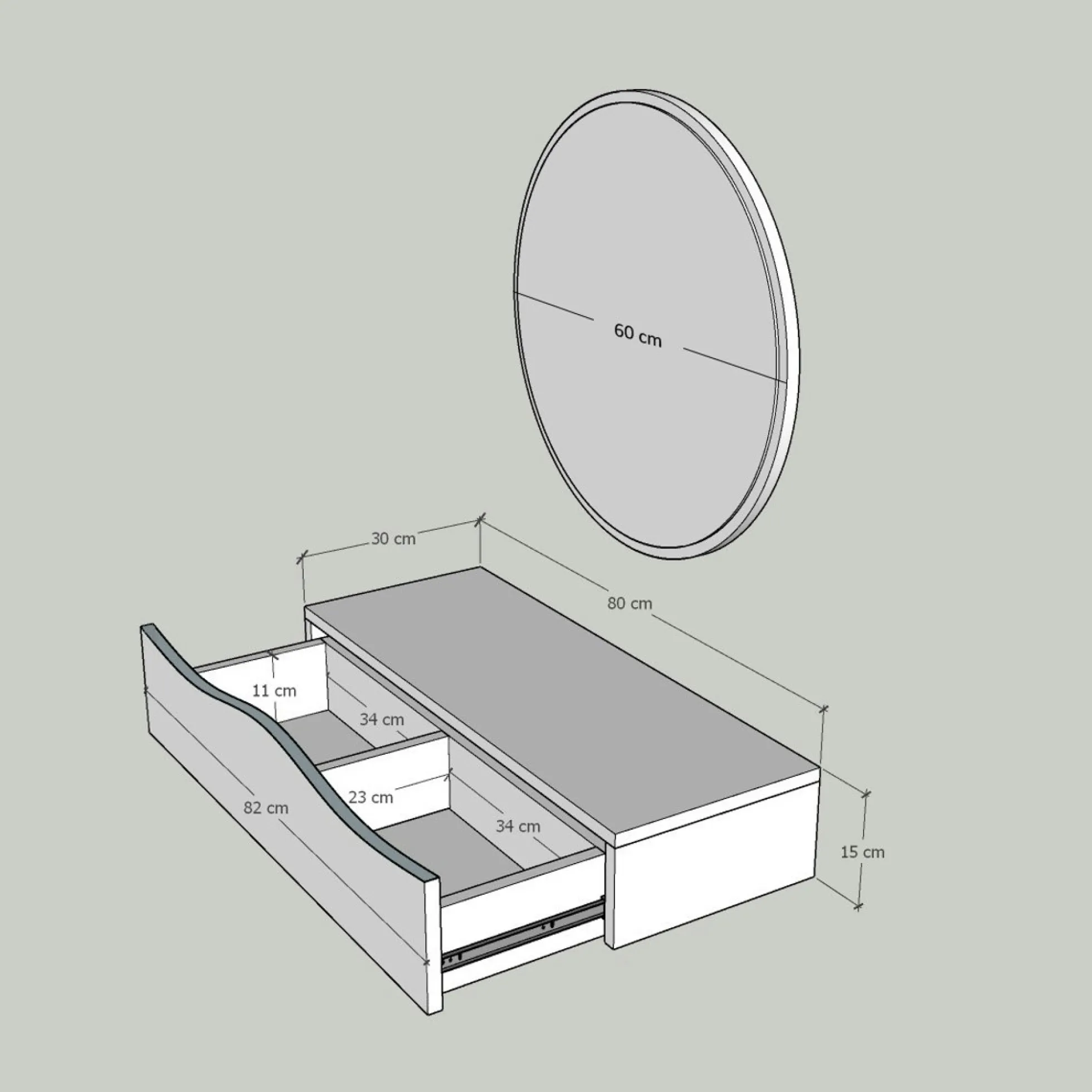 Coiffeuse murale effet bois foncé avec miroir, 2 tiroirs MARFA