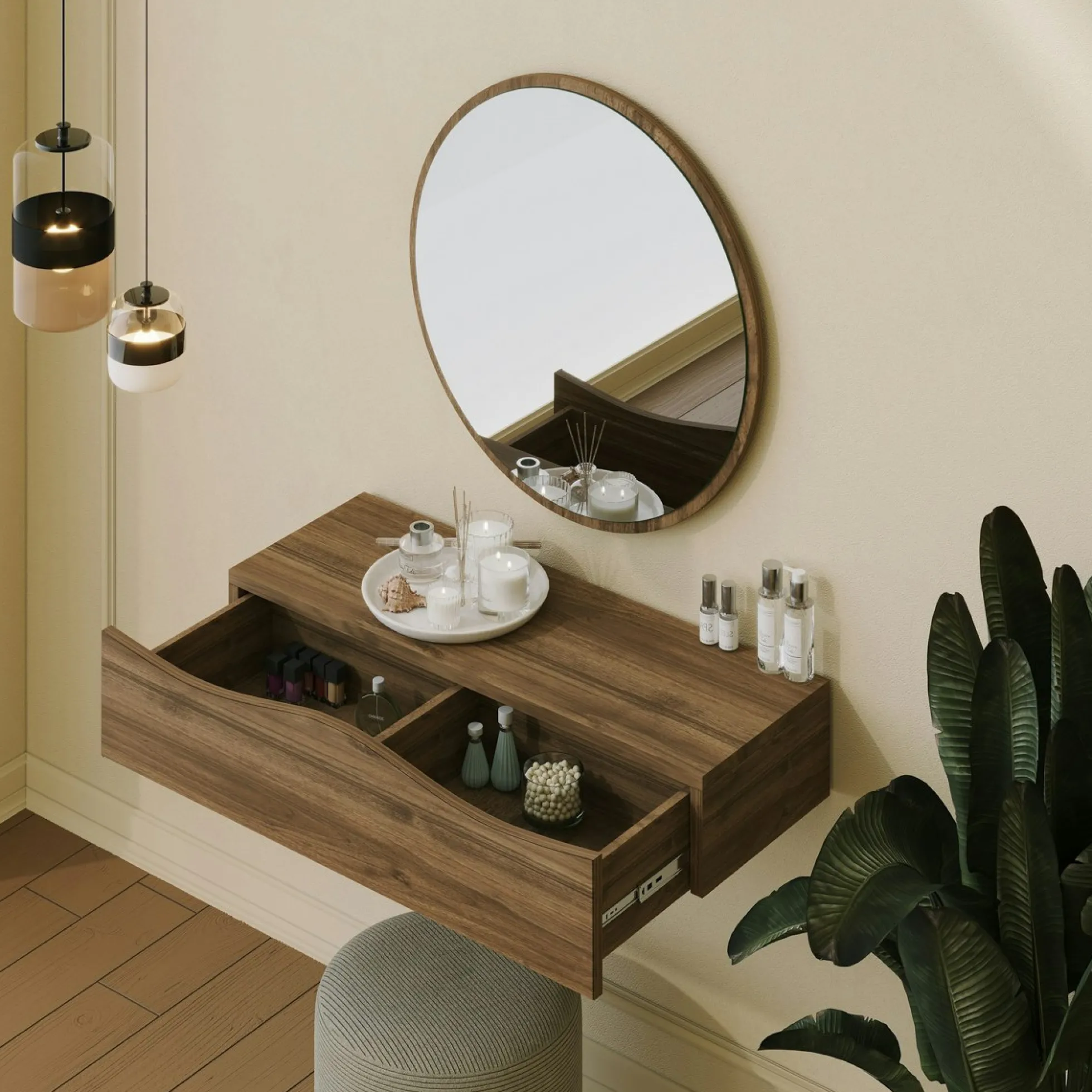 Coiffeuse murale effet bois foncé avec miroir, 2 tiroirs MARFA
