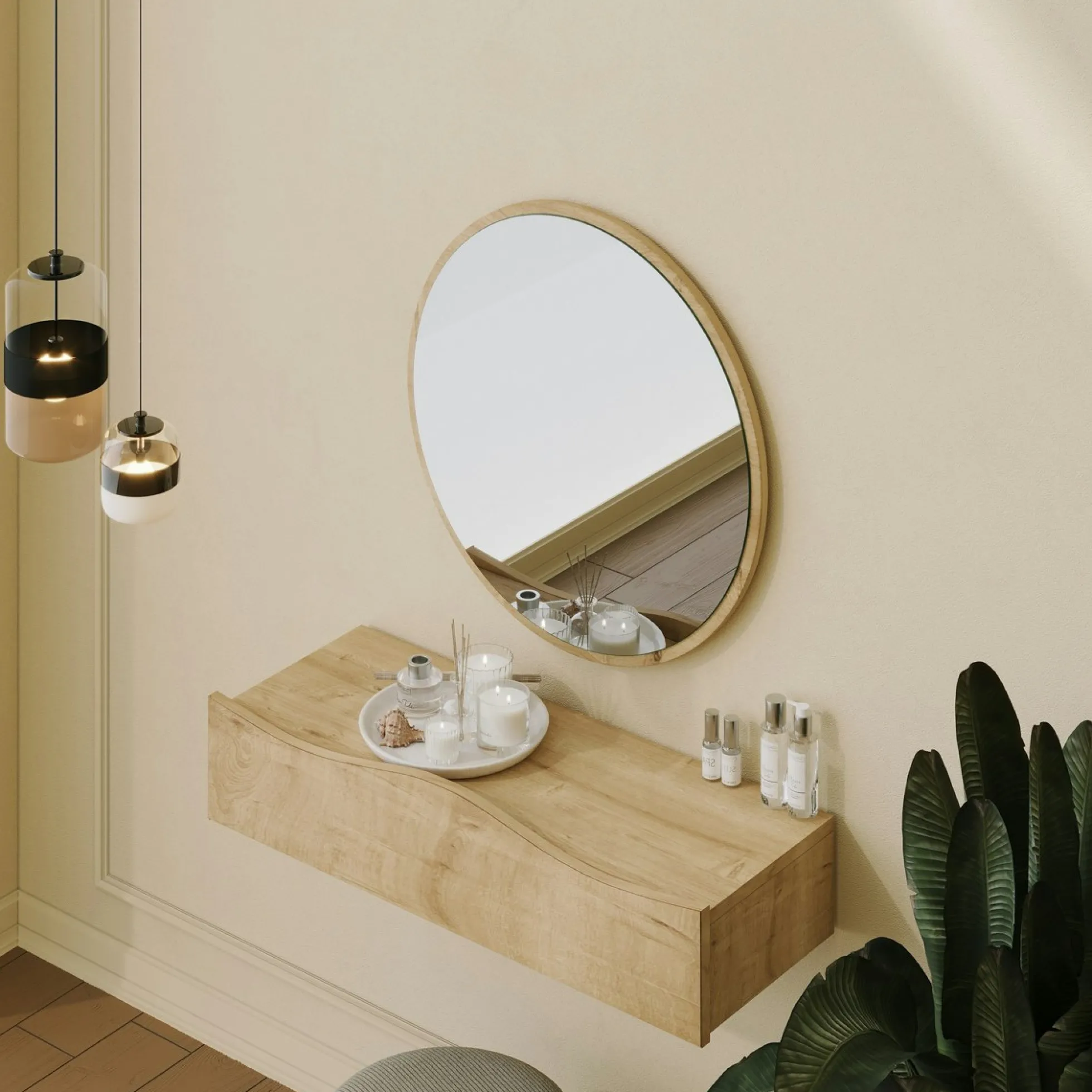 Coiffeuse murale scandinave avec miroir, 2 tiroirs MARFA