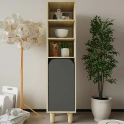 Colonne de rangement effet bois, 1 porte grise courbe VAREN