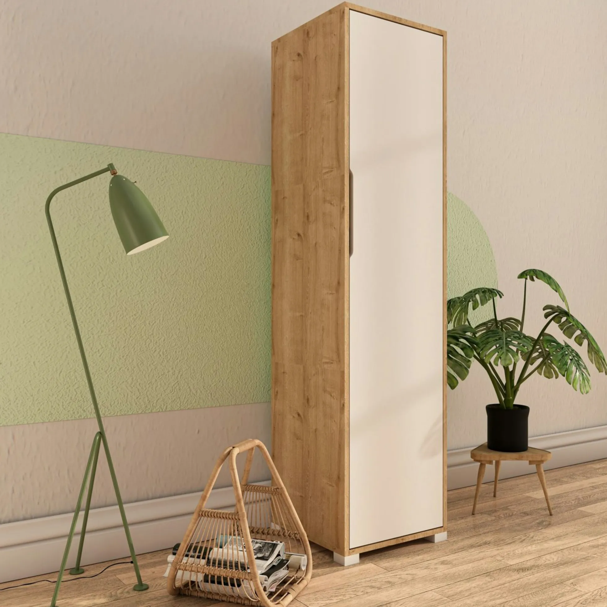 Colonne de rangement effet bois et porte blanche BYRON
