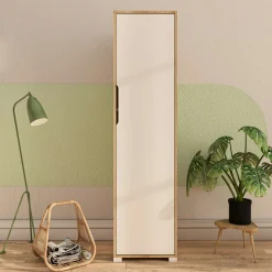 Colonne de rangement effet bois et porte blanche BYRON