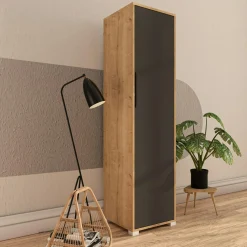 Colonne de rangement effet bois et porte grise BYRON
