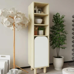 Colonne de rangement effet bois, 1 porte blanche courbe VAREN