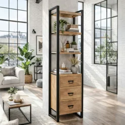 Colonne de salon bois clair métal noir 3 tiroirs MILORA