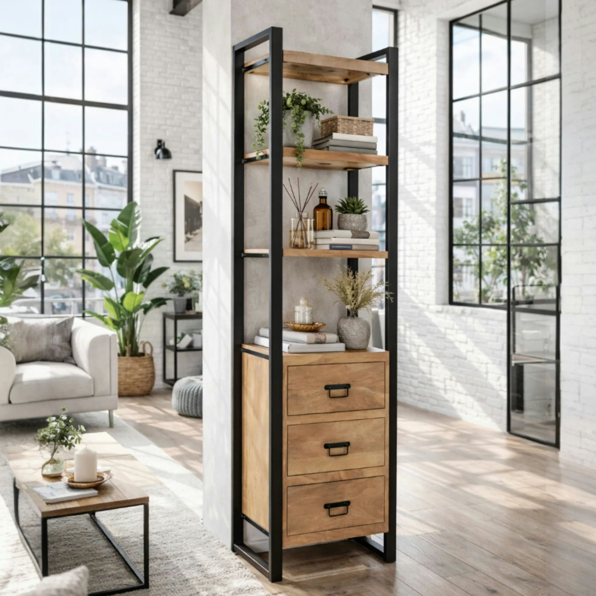 Colonne de salon bois clair métal noir 3 tiroirs MILORA
