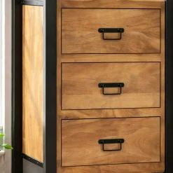 Colonne de salon bois clair métal noir 3 tiroirs MILORA