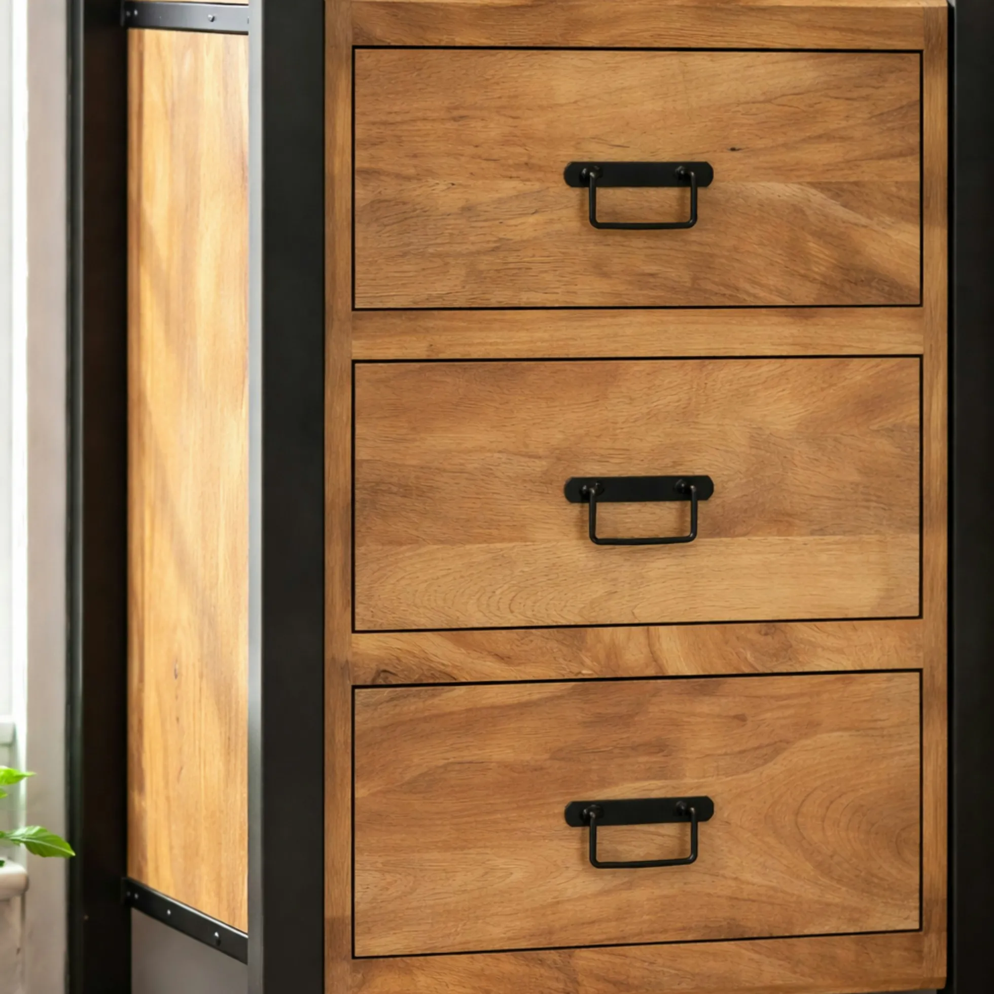 Colonne de salon bois clair métal noir 3 tiroirs MILORA