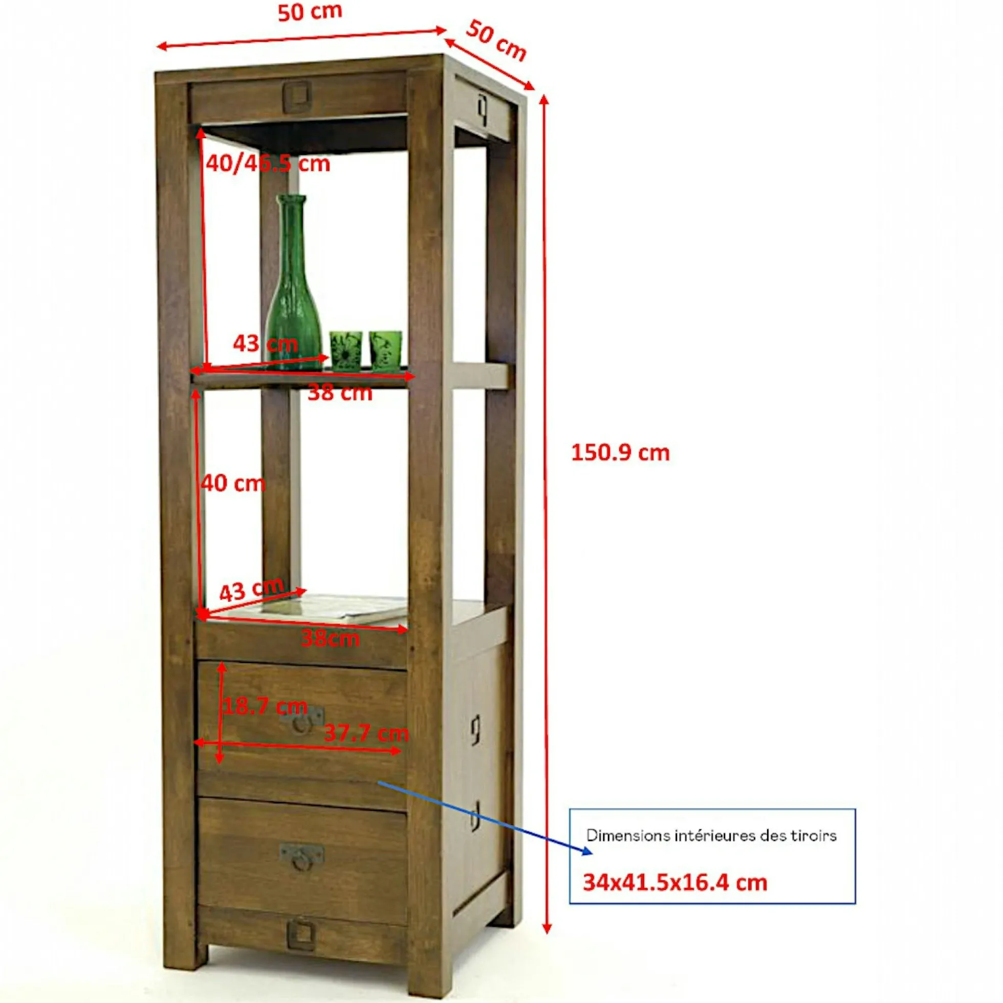 Colonne Hévéa 2 tiroirs, 2 étagères 50x50x151cm TESSA