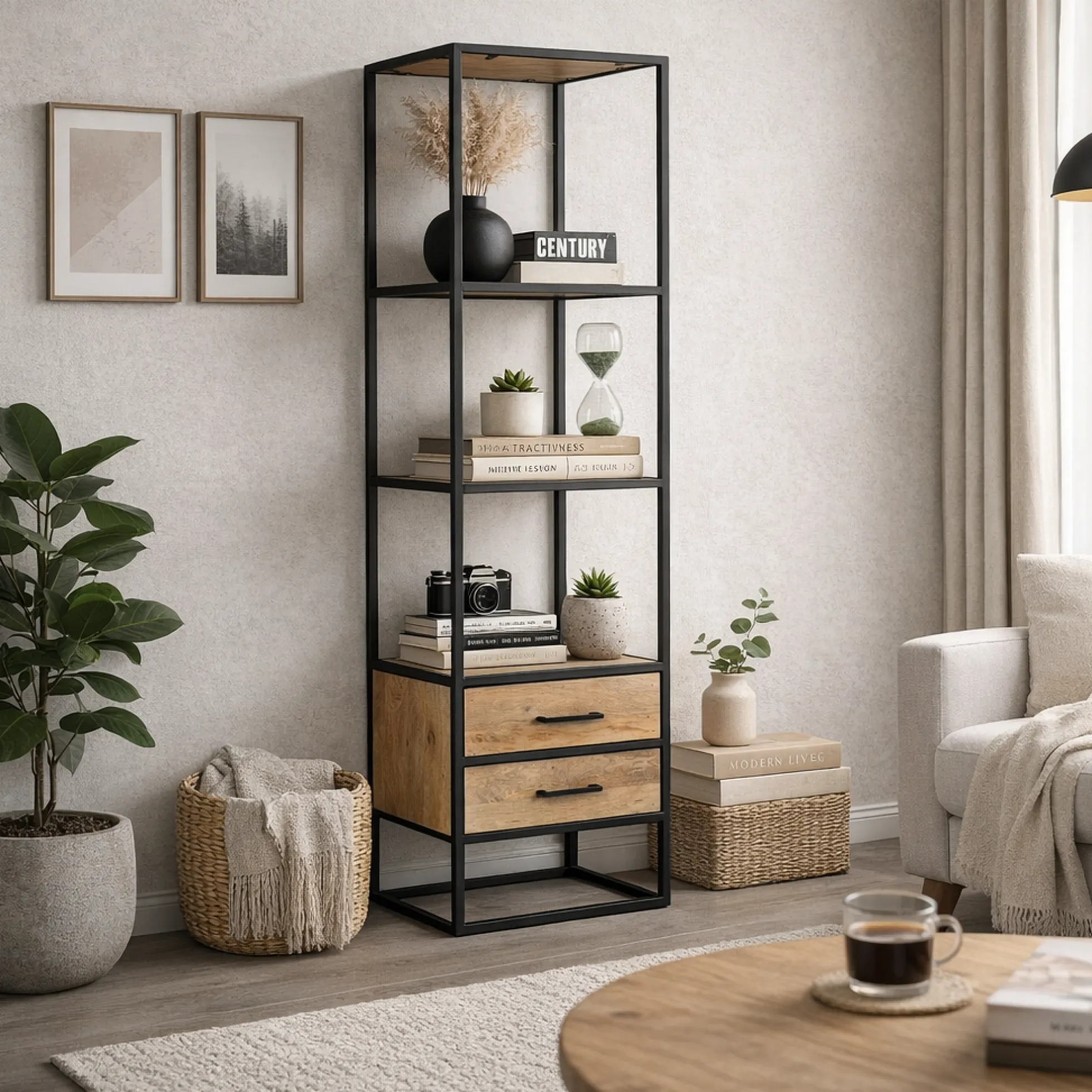 Colonne salon en bois clair 3 plateaux 2 tiroirs RIVANO